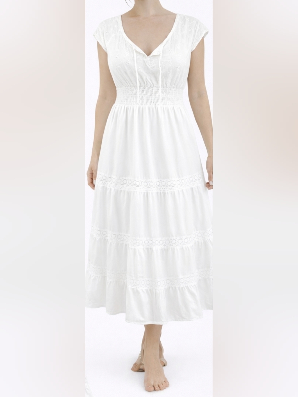Ladli White Boho Dress Eyelet Lace Cotton Smocked Waist Midi M
